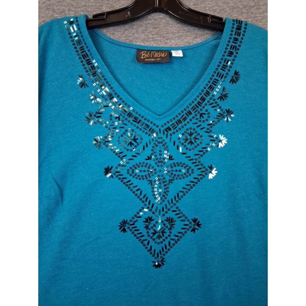 Bob Mackie Womens Shirt 2X Blue V Neck Pullover Sequin Art To Wear Casual